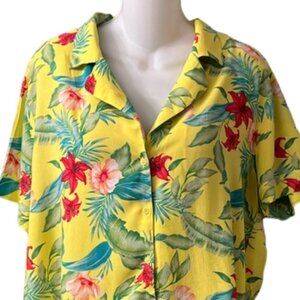 Forever 21 Womens Yellow Floral Short Sleeve Button-Down Hawaiian Shirt Large